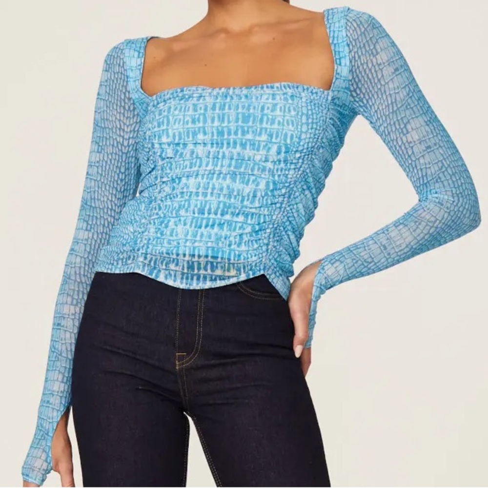 AFRM Top, Mesh Long Sleeve, Size M, Teal/Blue Crocodile Print, Going Out Top